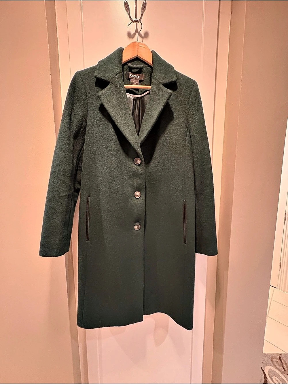DKNY Green Wool Blend Pea Coat, Size Small